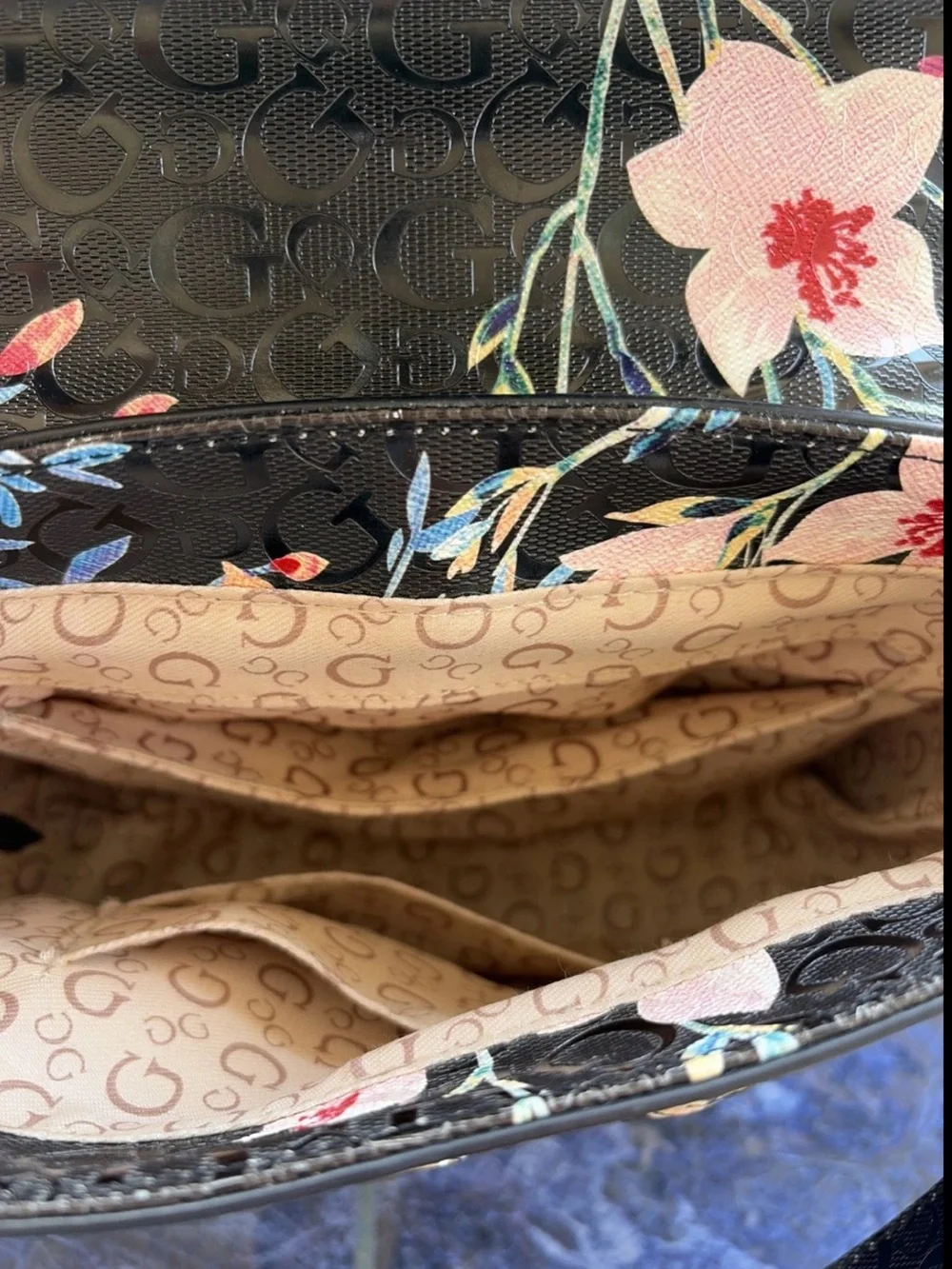 Guess “Kalei” Monogram Floral Print Crossbody Bag